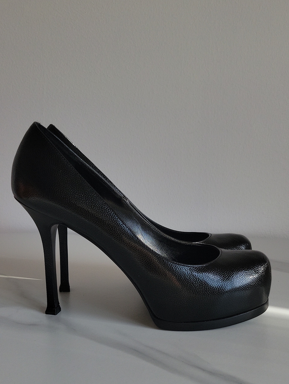 Saint Laurent YSL Black Platform Round-Toe Stiletto Pumps